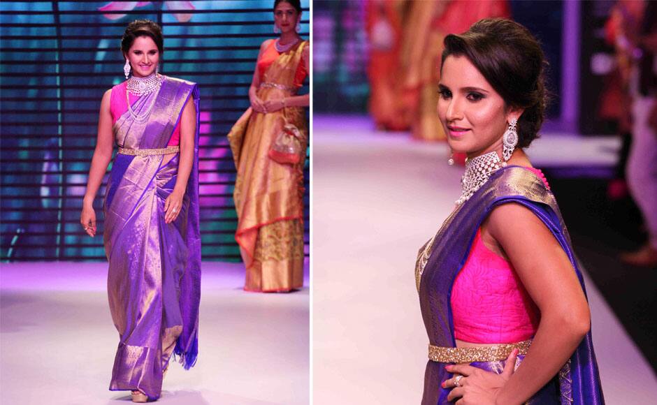Indian tennis player Sania Mirza displays creation of fashion designer Monica Agarwal during India International Jewellery Week, in Mumbai, India on August 3, 2015. Solaris Images
