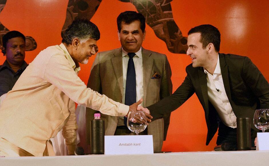 Visakhapatnam: Andhra Pradesh Chief Minister N Chandrababu Naidu shakes hands with Hugo Barra, VP Global Xiaomi during the launch of India’s first Xiaomi-manufactured smart phone in Visakhapatnam on Monday. PTI