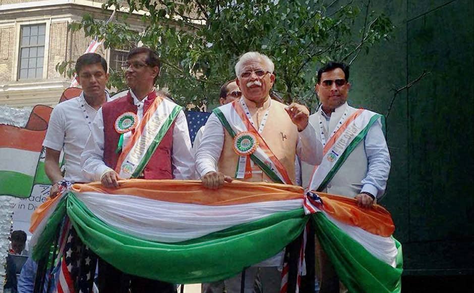 New York : Haryana Chief Minister Manohar Lal Khattar attending the 35th India Day Parade organized by the Federation of Indian Associations in Manhattan, New York on Sunday. PTI 
