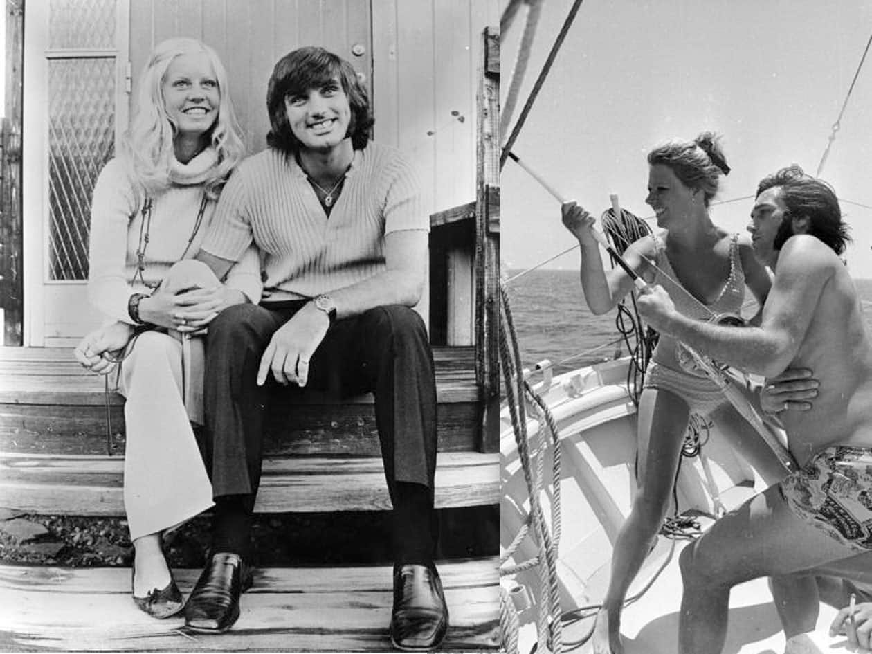 (L) George Best with the new love of his life, Swedish nurse Siv Hederby. (R) Professional footballer, George Best reeling in a fish on a yacht at sea. Gettyimages