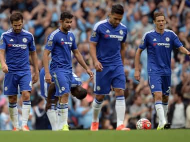 Three strikes and out! Chelsea players react to going 3-0 down in the English Premier League football match between Manchester City and Chelsea at The Etihad stadium in Manchester