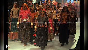 Gujarati craftswomen as showstoppers in Anita Dongre's show during Day 2 of Lakme Fashion week