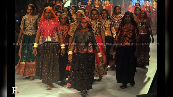 Gujarati craftswomen as showstoppers in Anita Dongre's show during Day 2 of Lakme Fashion week