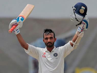 Ajinkya Rahane celebrates scoring a hundred during the fourth day's play of the second test cricket match between Sri Lanka and India. AP
