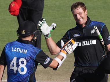 Tom Latham congratulates Martin Guptill after latter’s century. AFP