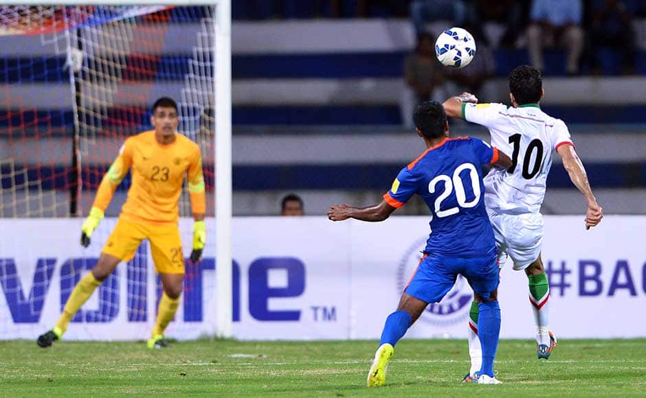 Iranian player Sardar Azmoun (C) and Indian player Jackichand Singh Talem (R) vie for the ball while Indian goal keeper Gurpreet Singh Sandhu (L) looks on. India were impressive in the first half, they did well to restrict Iran to 1-0. There was just one mistake in the half and they were made to pay for it. Sardar Azmoun headed ball home off a brilliant, long free-kick by Andranik Teymourian to give Iran the lead in the 29th minute. AFP