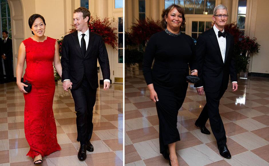 (L) Facebook Chairman and Chief Executive Officer Mark Zuckerberg and his wife Priscilla Chan. AP (R) Tim Cook, CEO, Apple, arrives with Lisa Jackson for the State Dinner for President Xi of China at the White House on September 25, 2015 in Washington, DC. AFP
