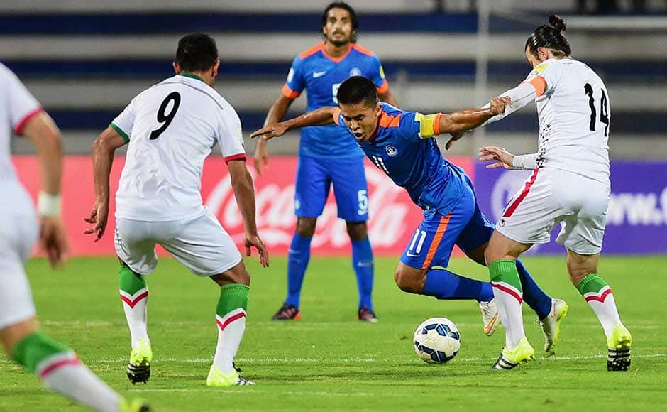 Sunil Chhetri wasn't at his best, Pronay hit a couple of volleys late in the match, one went sailing into the crowd while the other whizzed just over the crossbar. (In pic): India's Sunil Chettri competes the ball with Andranik Teymourian. PTI