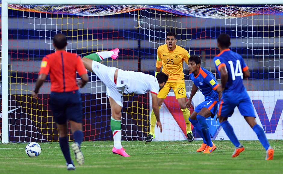 Iran missed a host of chances late in the game and India were lucky with the scoreline. For India, Sandesh Jhingan was the man of the match as he put in a marathon effort. He was there diving, heading, creeping on the ground and clearing the balls by putting his body on line. (In pic): Iranian players Mahedi Taremi (2-L) attempts to score a goal while Indian goalkeeper Gurpreet Singh Sandhu (C) looks on. AFP