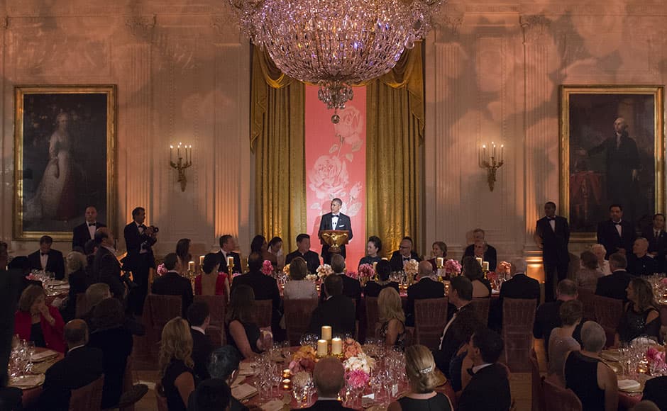 US President Barack Obama speaks during a State Dinner in honor of Chinese President Xi Jinping in the East Room of the White House in Washington, DC, September 25, 2015. AFP 