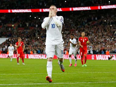 Wayne Rooney celebrates after scoring the second goal for England against Switzerland from the penalty spot and becoming England's all time leading goalscorer. Reuters