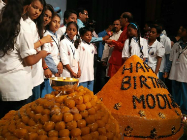 PM's big treat: BJP Minister unveils 365 kg 'ladoo' to celebrate Modi's birthday PM's big treat: BJP Minister unveils 365 kg 'ladoo' to celebrate Modi's birthday