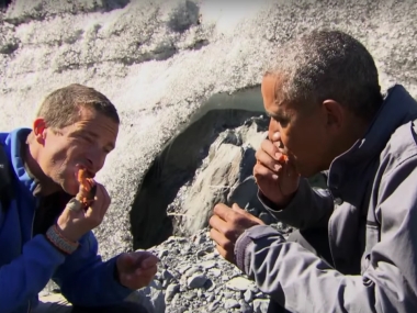 Watch: Obama gets bear's leftover fish for snack on an outing with Bear Grylls Watch: Obama gets bear's leftover fish for snack on an outing with Bear Grylls