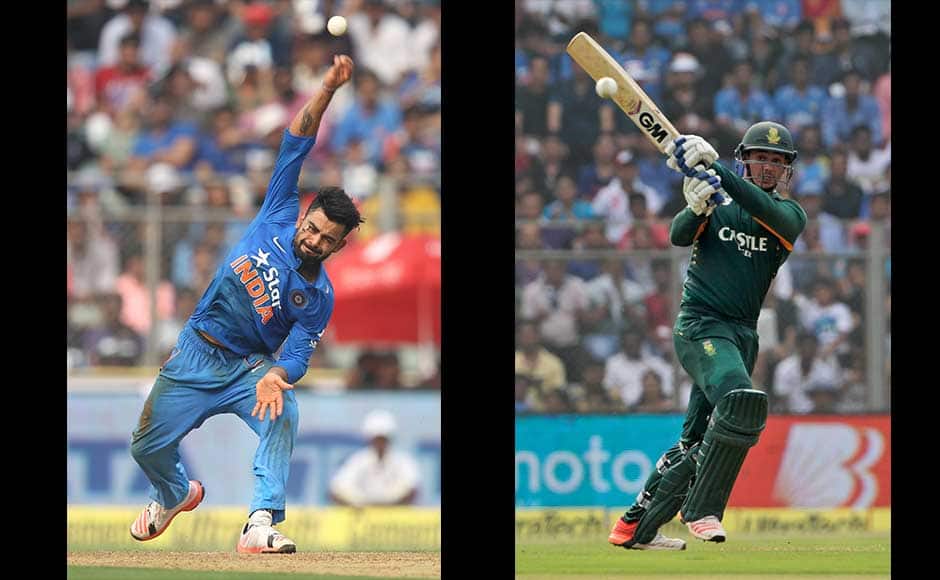 (L) ndia's Virat Kohli bowls during the final one-day international cricket match of a five-game series against South Africa. (R) South Africa’s Quinton de Kock bats during the final one-day international cricket match of a five-game series against India in Mumbai, India, Sunday, Oct. 25, 2015. (AP Photo/Rajanish Kakade)