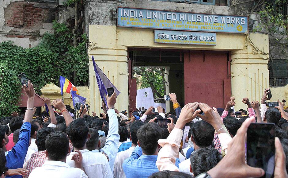 People gather at Indu Mill after Prime Minister Narendra Modi laid the foundation stone for the Dr B R Ambedkar memorial in Mumbai, India on October 11, 2015. (Ankit Shinde/SOLARIS IMAGES) 
