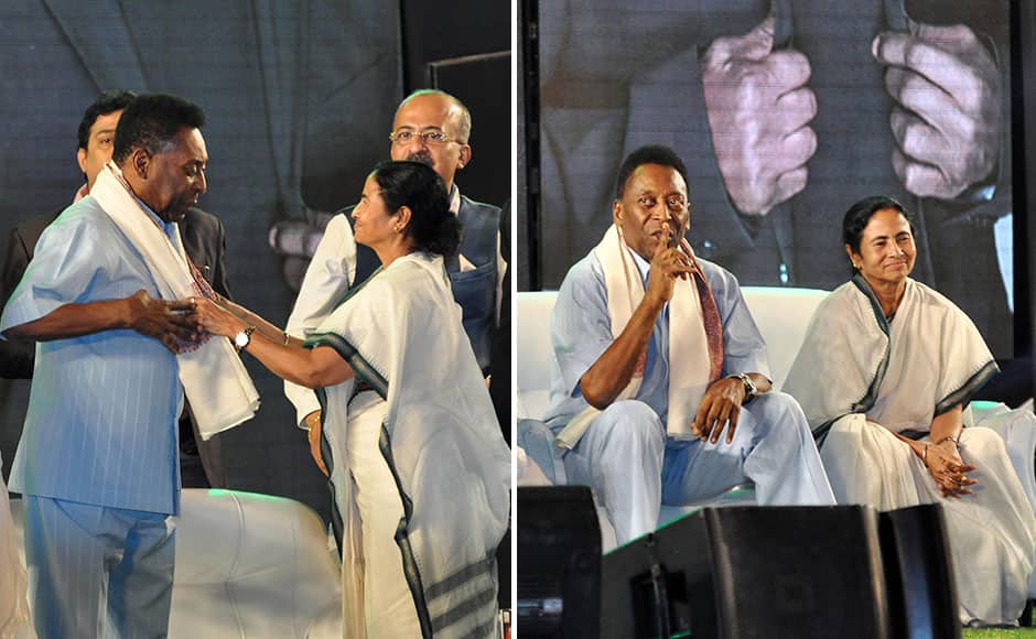 West Bengal, Brazilian football legend Pele and Mamata Banerjee, Chief Minister, West Bengal during an event in Kolkata, India, October 12, 2015. (SOLARIS IMAGES)