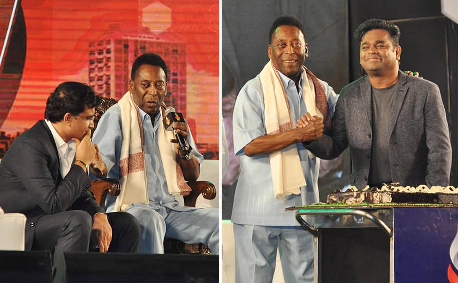 (L) Brazilian football legend Pele (R), and former Indian cricket captain and co-owner of the Atletico De Kolkata football club of the Indian Super League (ISL) Sourav Ganguly (R) Brazilian football legend Pele and music composer A. R. Rahman during an event in Kolkata, India, October 12, 2015. (SOLARIS IMAGES)