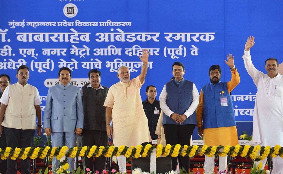 Prime Minister Narendra Modi along with Maharashtra Chief Minister Devendra Fadnavis, Maharashtra's Cultural Minister Vinod Tawde and Republican Party of India (RPI) chief Ramdas Athawale during the foundation laying ceremony for Metro corridor Dahisar to D N Nagar Metro line and Dahisar East to Andheri East Metro line, in Mumbai, India on October 11, 2015. (SOLARIS IMAGES)