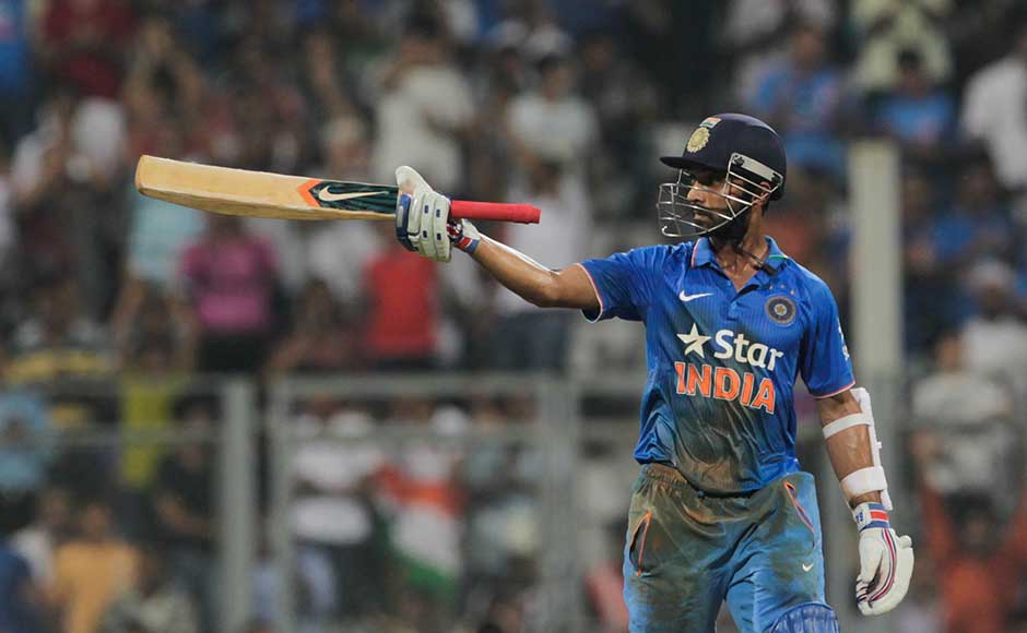 India's Ajinkya Rahane celebrates his fifty runs during the final one-day international cricket match of a five-game series against South Africa in Mumbai, India, Sunday, Oct. 25, 2015. (AP Photo/Rajanish Kakade)