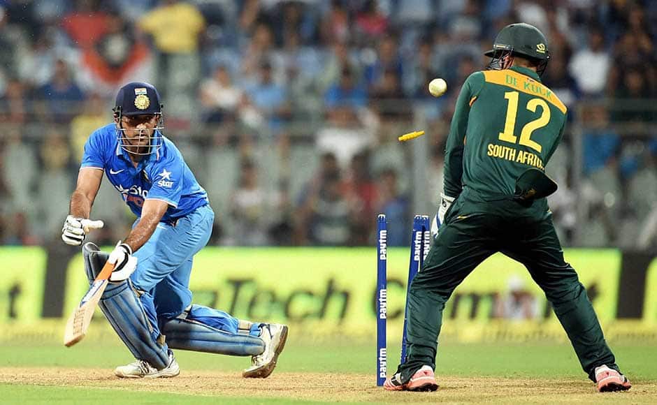 Mumbai: Indian batsman M.S.Dhoni bowled by South African bowler Imran Tahir during a one day match played in Mumbai on Sunday.PTI 
