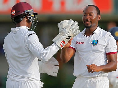 Jomel Warrican celebrates the wicket of Sri Lanka’s Nuwan Pradeep. AP