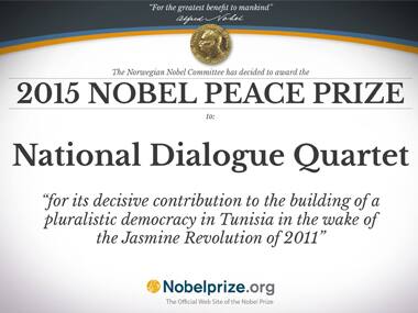 Tunisian democracy group National Dialogue Quartet wins Nobel Peace Prize for contributions to Arab Spring