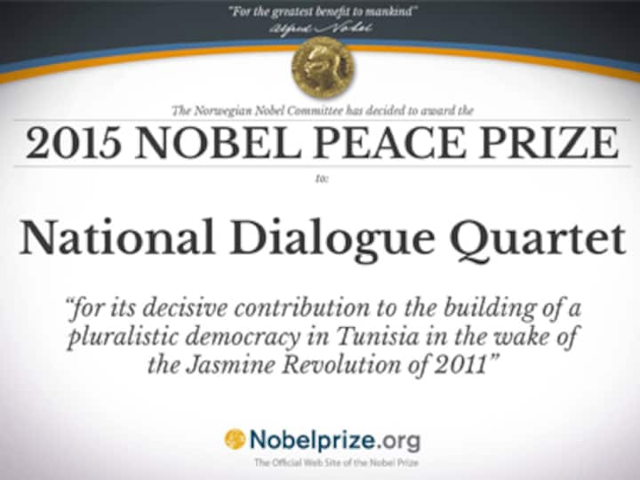 Tunisian democracy group National Dialogue Quartet wins Nobel Peace Prize for contributions to Arab Spring
