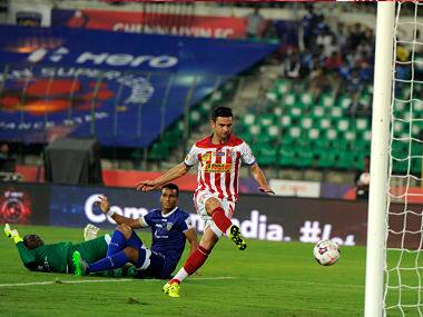Helder Postiga of Atletico de Kolkata scores the opening goal against Chennaiyin FC. Sportzpics