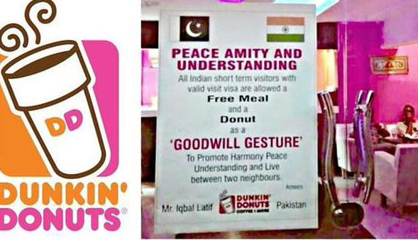 Goodwill gesture: Pakistani Dunkin Donuts offers free meal to Indians to promote peace Goodwill gesture: Pakistani Dunkin Donuts offers free meal to Indians to promote peace