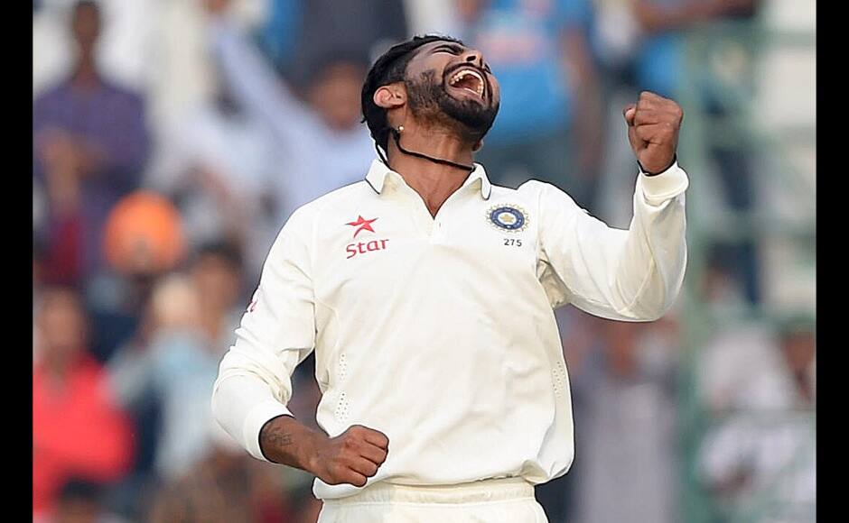 India's Ravindra Jadeja celebrates the fall of South Africa's last wicket to take victory at the first Test match between India and South Africa at The Punjab Cricket Association Stadium in Mohali on November 7, 2015. India defeated South Africa by 108 runs in the first Test in Mohali to take the lead in the four-match series. AFP