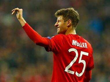 Bayern's Thomas Mueller celebrates his second goal against Arsenal. AP