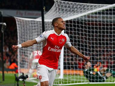 Kieran Gibbs celebrates his goal against Tottenham at the Emirates. Getty