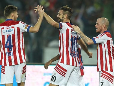 Atletico de Kolkata captain Borja Fernandez (C) celebrates his goal against FC Goa. ISL