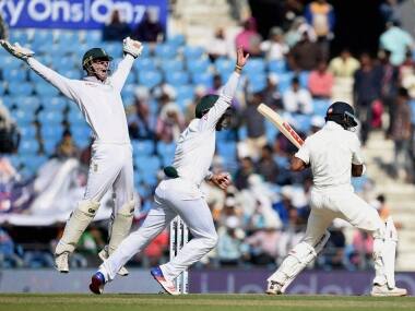 South African players celebrates the wicket of India’s Shikhar Dhawan during the second day of the 3rd test match in Nagpur on Thursday. PTI 