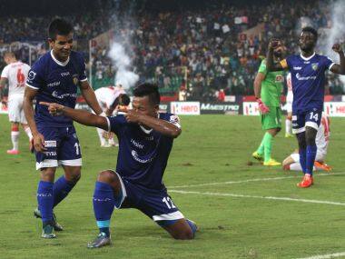Jeje Lalpekhlua of Chennaiyin FC celebrates scoring his second goal and Chennaiyin FC 4th goal. ISL