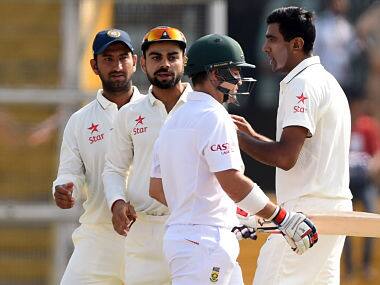 Ravichandran Ashwin (R) picked up five wickets to hand India a 17-run lead in Mohali. AFP