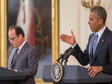 French President Francois Hollande and US President Barack Obama shake hands during a joint press conference at the White House. AP