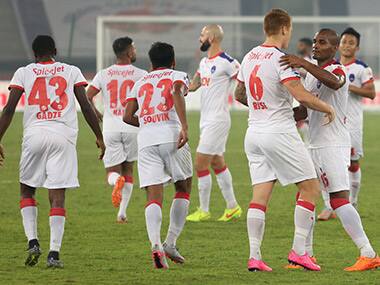 Delhi celebrate a goal. ISL