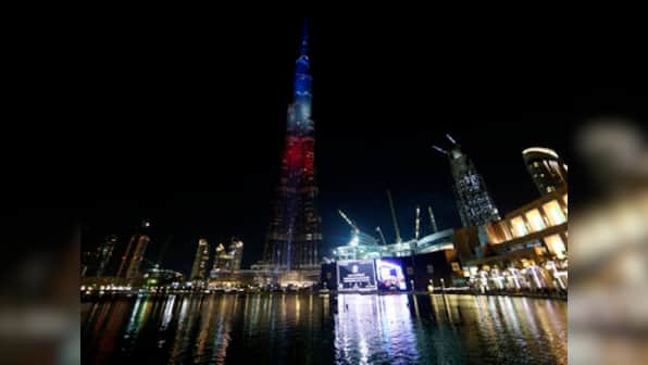 World's tallest building Burj Khalifa, Mumbai CST lit up in French tricolors