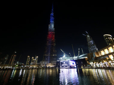 World's tallest building Burj Khalifa, Mumbai CST lit up in French tricolors World's tallest building Burj Khalifa, Mumbai CST lit up in French tricolors