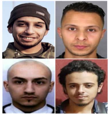Pictures put out by French police include two suicide bombers who died in the Paris attacks and Salah Abdeslam, top right/ AFP