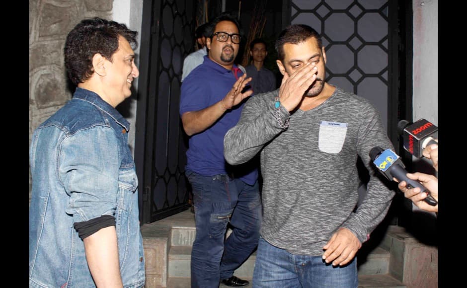 Bollywood filmmaker Sajid Nadiadwala along with actor Salman Khan spotted outside a restaurant at Bandra in Mumbai, India on December 20, 2015. (Gautam Salvi/SOLARIS IMAGES)