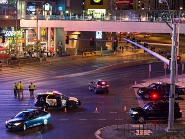 Police and local officials investigate a part of the Las Vegas Strip after a car ran into a group of pedestrians. AFP 