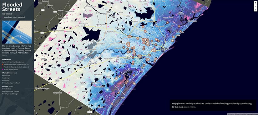 Screengrab of the open source website highlighting the flooded areas in Chennai. 