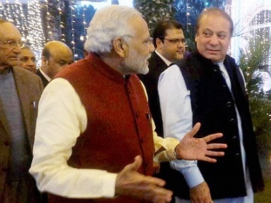 Prime Minister Narendra Modi with his Pakistani counterpart Nawaz Sharif at the latter's residence at Raiwind in Lahore on Friday. PTI / Twitter/@MEAIndia 