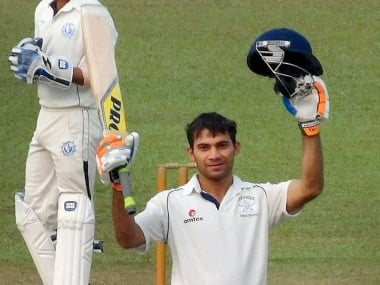 Services player Rajat Pallikal celebrates his century during Ranjhi Trophy Match against Tripura in Agartala,Tripura on Tuesday. PTI 