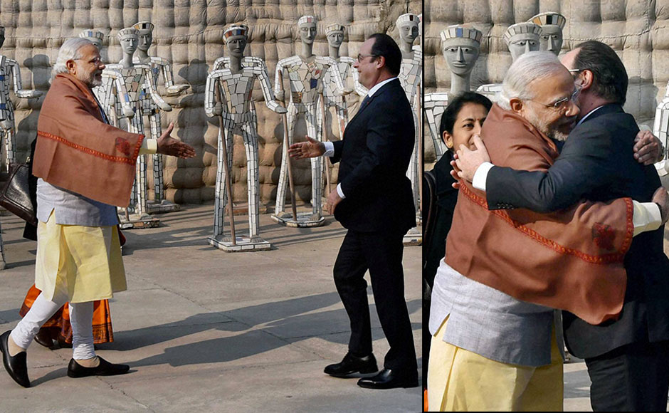 Chandigarh: French President Francois Hollande is greeted by Prime Minister Narendra Modi at the Rock Garden of Chandigarh on Tuesday. PTI Photo by Atul Yadav