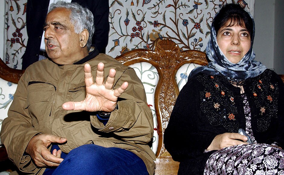 Chief Minister of the Indian state of Jammu and Kashmir Mufti Mohammad Sayeed (R) speaks to civillians rescued from a shopping complex where alleged militants are believed to be in hiding, as his daughter Mehbooba Mufti looks on in Srinagar, 17 October 2003. Two soliders of the Border Security Force were killed and an officer and two press photographers injured in a militant attack. AFP Chief Minister of the Indian state of Jammu and Kashmir Mufti Mohammad Sayeed (R) speaks to civillians rescued from a shopping complex where alleged militants are believed to be in hiding, as his daughter Mehbooba Mufti looks on in Srinagar, 17 October 2003. Two soliders of the Border Security Force were killed and an officer and two press photographers injured in a militant attack. AFP