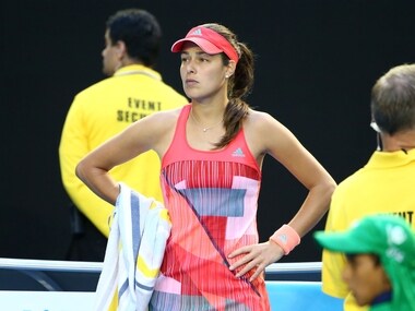 na Ivanovic of Serbia looks towards her players box as her coach Nigel Sears fell over in the stands in her third round match against Madison Keys. Getty