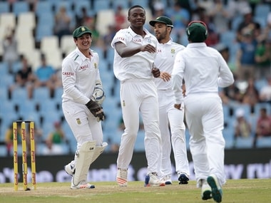AFP Photo Document reference000_7C8T2 SLUGCRICKET - RSA - ENG - TEST Creation date1/24/2016 CountrySOUTH AFRICA CreditGIANLUIGI GUERCIA / AFP File size/pixels/dpi24.72 Mb / 3600 x 2400 / 300 dpi South African bowler Kagiso Rabada (CR) celebrates the dismissal of England's batsman Ben Stokes (not in picture) during day 3 of the fourth Test match between England and South Africa. AFP